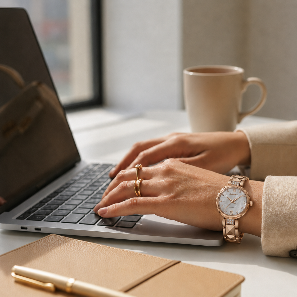 Woman wearing Celestia rose-gold watch while using a laptop