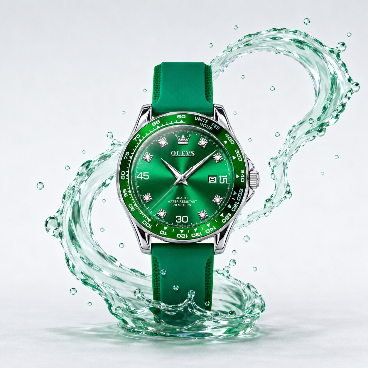 Vinra Virelune Emerald 45 green watch with emerald water splash